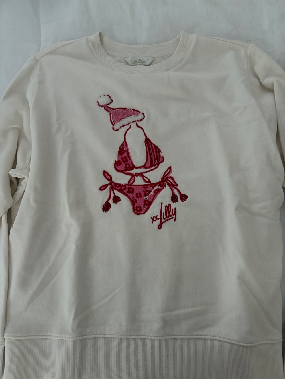 Lilly Pulitzer Cream Sweatshirt with Pink Embroidered Bikini Motif